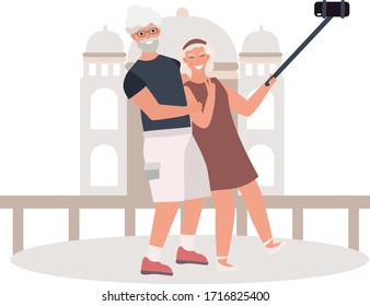 Aged male and female traveling around world, selphie concept, simple flat vector illustration on white background. Design for web, poster. Older people take photo, video, save memories.