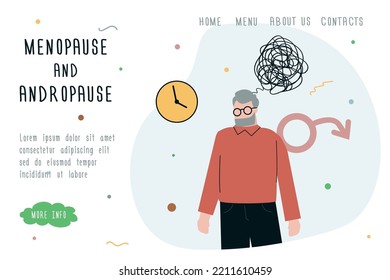 Aged Man With Andropause Or Menopause. Template For Website, Landing Page. Decrease Male Hormone Testosterone. Age-related Changes, Low Libido, Muscle Loss And Weight Gain. Flat Vector Illustration