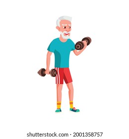 aged man exercising with dumbbells in gym cartoon vector. aged man exercising with dumbbells in gym character. isolated flat cartoon illustration