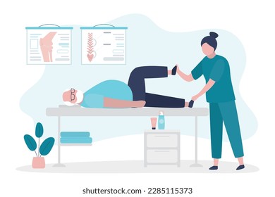 Aged man getting massage in spa with professional massage therapist. Wellness, healing and recovery concept. Elderly character lying and masseur massaging body. Stop aging process. vector illustration