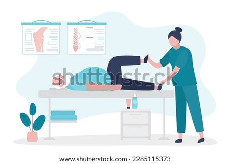Aged man getting massage in spa with professional massage therapist. Wellness, healing and recovery concept. Elderly character lying and masseur massaging body. Stop aging process. vector illustration