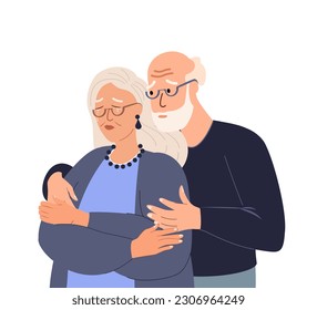 El hombre de edad abraza, apoya y reconforta a su mujer llorando, su pareja en estrés y desesperación. Pareja de ancianos jubilados juntos en duelo. Persona nerviosa preocupada. Ilustración vectorial plana fondo blanco aislado