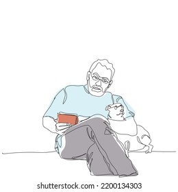 Aged man with little dog at home reading ook line art