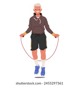 Aged Man in Sneakers And Sportswear Jumping A Jump Rope. Elderly Male Character Movements Steady Yet Nimble, Demonstrating Agility And Endurance With Each Hop. Cartoon People Vector Illustration