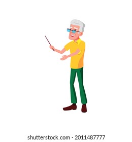 aged man teacher pointing at map with stick cartoon vector. aged man teacher pointing at map with stick character. isolated flat cartoon illustration