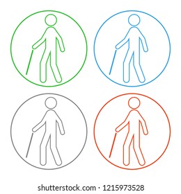 Aged man with walking stick. Outline. Vector icon.