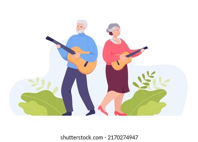 Hombre mayor y mujer tocando guitarras acústicas. Ancianos o mayores con instrumentos musicales ilustraciones vectoriales planas. Música, rendimiento, ocio, concepto de envejecimiento activo para banner, página web de inicio