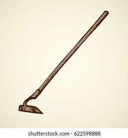 Aged manual hoe for remove weeds, clear ground and harvest root crops on white background. Freehand ink hand drawn picture sketchy in scribble vintage style pen on paper. Closeup with space for texta