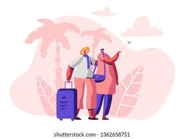 Aged Married Couple Making Selfie in Exotic Country Traveling Trip. Cheerful Elderly Man and Woman with Luggage in Voyage Tour, Mature Tourists Having Fun Together. Cartoon Flat Vector Illustration