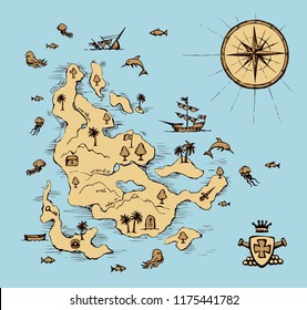 Aged medieval isle place plan card on blue water backdrop. Game view. Freehand line black ink hand drawn journey way icon sign sketch in art cartoon doodle note etch style pen on paper space for text