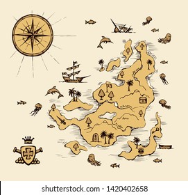 Aged medieval isle place plan card on white water backdrop. Game view. Freehand line black ink hand drawn journey way icon sign sketch in art cartoon doodle note etch style pen on paper space for text