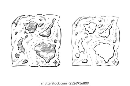 Aged medieval isle place plan card on white water backdrop. Game view. Freehand line black ink hand drawn journey way icon sign sketch in art cartoon doodle note etch style pen on paper space for text