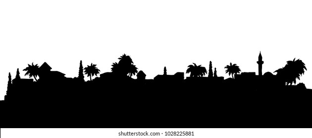 Aged middle east antique turkey orient palm tree oasis scene view with vintage high tower dwelling. Dark black ink hand drawn picture sketch in retro cartoon graphic print style with place for text on