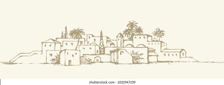 Aged middle east antique turkey orient palm tree oasis scene view with vintage tower dwelling. Outline ink hand drawn picture sketch in retro engraving graphic style with place for text on white sky