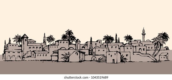 Aged middle east antique turkey orient palm tree oasis scene view with vintage tower dwelling. Outline ink hand drawn picture sketch in retro silhouette graphic style with place for text on white sky