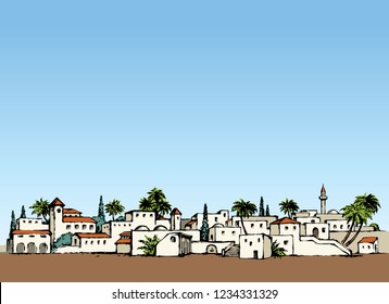 Aged middle east antique turkey orient palm tree oasis scene view with vintage white tower dwelling. Bright color hand drawn picture sketch in retro cartoon graphic style on blue sky place for text