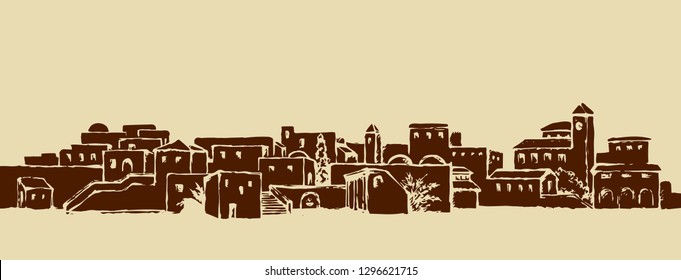 Aged middle east antique turkey orient palm tree oasis scene view with vintage tower dwelling. Outline ink hand drawn picture sketch in retro engraving graphic style with place for text on white sky