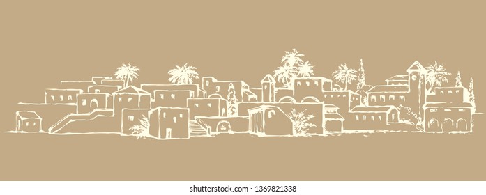 Aged middle east antique turkey orient palm tree oasis scene view with vintage tower dwelling. Outline ink hand drawn picture sketch in retro engraving graphic style with place for text on white sky