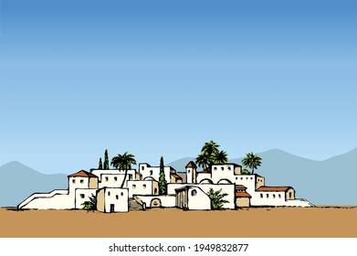 Aged middle east antique turkey travel orient sand palm tree desert oasis scene blue sky vintage white tower dwell view. Bright color hand drawn tourist picture retro cartoon graphic style text place