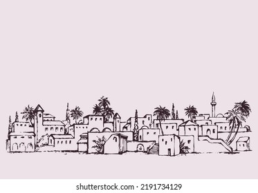 Aged middle east antique turkey travel orient sand palm tree desert oasis scene blue sky vintage white tower dwell view. Bright color hand drawn tourist picture retro cartoon graphic style text place