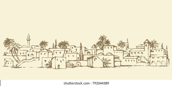 Aged middle east antique turkey orient palm tree oasis scene view with vintage tower dwelling. Outline ink hand drawn picture sketch in retro engraving graphic style with place for text on white sky