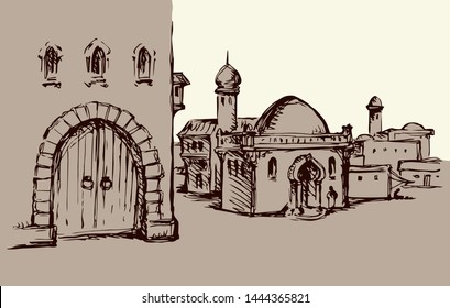 Aged middle eastern turkey orient tourism urban district scenic view. Gate scene text place on white sky. Line black ink hand drawn picture sketch in retro engraved israeli bible graphic vector style