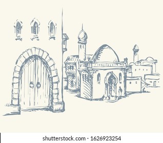 Aged middle eastern turkey orient tourism urban district scenic view. Gate scene text place on white sky. Line black ink hand drawn picture sketch in retro engraved israeli bible graphic vector style