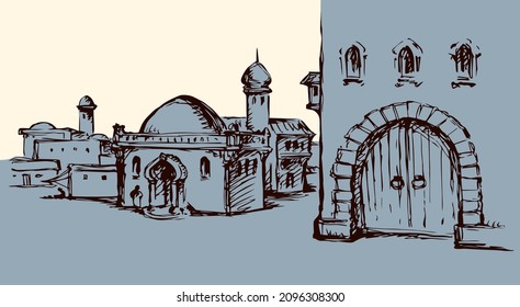 Aged middle eastern turkey orient tourism urban district scenic view. Gate scene text place on white sky. Line black ink hand drawn picture sketch in retro engraved israeli bible graphic vector style