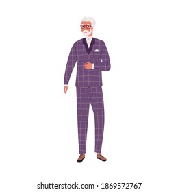 Aged modern man wearing stylish suit. Elderly male character standing in fashionable costume. Flat vector illustration of old bearded businessman in glasses. Trendy confident person isolated on white