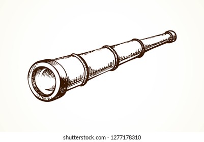 Aged naval monocular spotting tube device isolated on white background. Freehand line black ink hand drawn logo emblem pictogram sketchy in retro doodle style pen on paper space for text. Closeup view