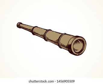 Aged naval monocular spotting tube device isolated on white background. Freehand line black ink hand drawn logo emblem pictogram sketchy in retro doodle style pen on paper space for text. Closeup view