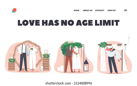 Aged Newlywed Love Landing Page Template. Senior Characters Wedding Ceremony. Happy Bridal Couple Man And Woman Getting Married, Old Bride And Groom Holding Hands. Cartoon People Vector Illustration