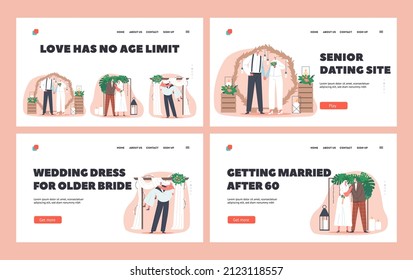 Aged Newlywed People Love Landing Page Template Set. Senior Characters Wedding Ceremony. Happy Bridal Couple Man and Woman Get Married, Old Bride and Groom Holding Hands. Cartoon Vector Illustration