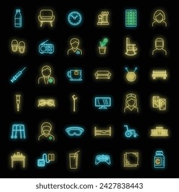 Aged nursing home icons set. Outline set of aged nursing home vector icons neon color on black