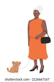 Aged Old African American Woman With Gray Hair Walks With A Dog. Black Granny Illustration On The Theme Of Active Pensioners