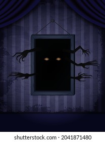 Aged old room with blue grunge wallpaper and creepy hands out of hanging picture frame for vector Halloween design