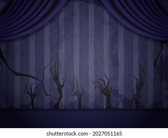 Aged old room with blue striped grunge wallpaper and shadows of creepy hands for Halloween design