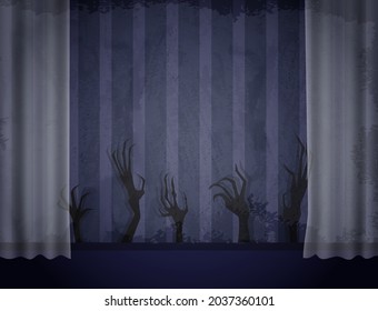 Aged old room with blue striped grunge wallpaper, transparent curtain and shadows of creepy hands for Halloween design
