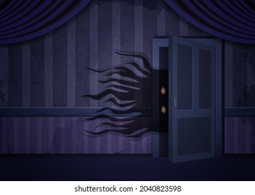 Aged old room with blue striped grunge wallpaper and creepy creature out of door for vector Halloween design