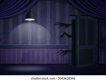 Aged old room with blue striped grunge wallpaper, hanging lamp and creepy hands out of door for vector Halloween design