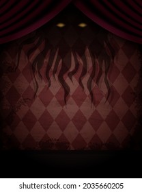 Aged old room with diamond-shaped grunge wallpaper, curtain and shadow of creepy creature for Halloween design