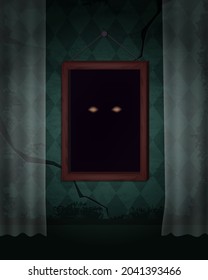 Aged old room with green grunge wallpaper and creepy shining eyes in hanging picture frame for vector Halloween design
