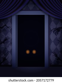 Aged old room with grunge blue wallpaper, creepy hands, door and shining eyes for vector Halloween design