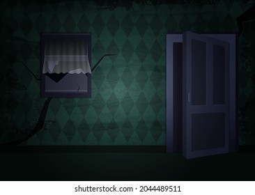 Aged old room with grunge green wallpaper with window and open door for vector Halloween design
