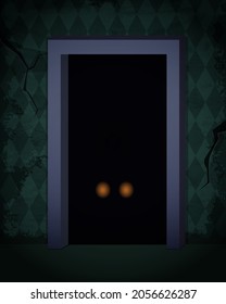 Aged old room with grunge green wallpaper, door and shining creepy eyes for vector Halloween design