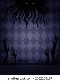 Aged old room with grunge wallpaper, shadow of spooky creature and creepy hands for Halloween design