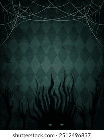 Aged old room with grunge wallpaper, shadow of spooky creature, spider web and creepy hands for Halloween design