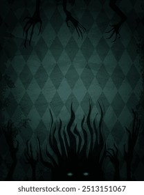 Aged old room with grunge wallpaper, shadow of spooky creature and creepy hands for Halloween vector design