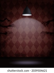 Aged old room with red diamond-shaped grunge wallpaper, hanging lamp and shadows of creepy hands for Halloween design