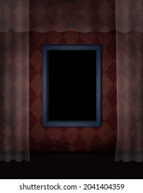 Aged old room with red grunge wallpaper and hanging empty picture frame for vector design